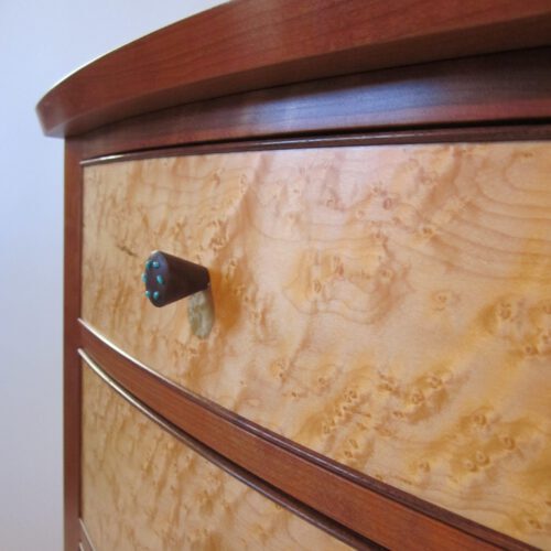 Cherry and figured maple side case with curved birdseye maple drawers accented with a fine walnut bead, all set in solid cherry casework.