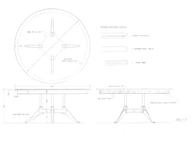 Drawing of a custom-built traditional Duncan Phyfe dining table in walnut