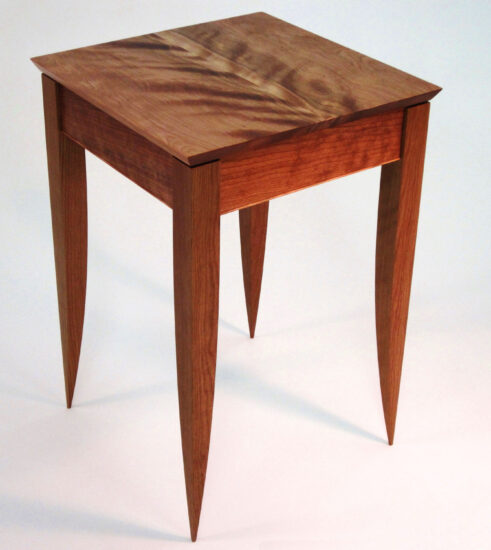 Custom wood end table with figured cherry and birch