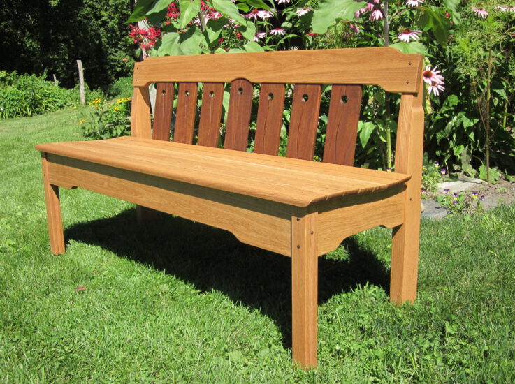 Arts and crafts style garden bench in white oak and ipe