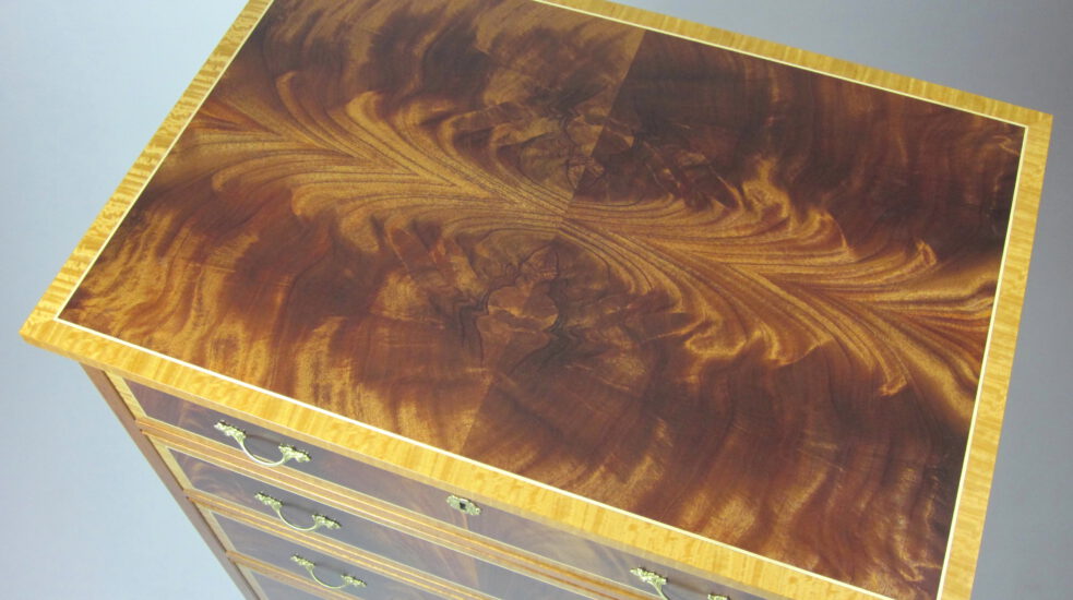 Traditional Hepplewhite chest of drawers mahogany veneer detail