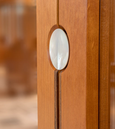Mother of pearl detail on custom-made Art Deco display case for the Highland Center for the Arts in Greensboro, Vermont
