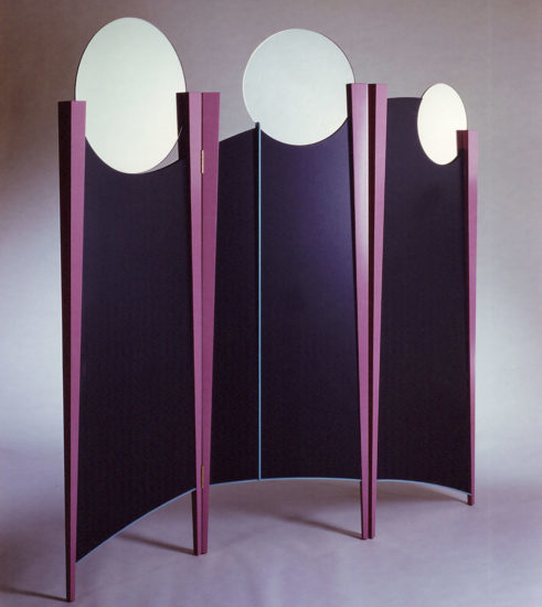 Art Deco dressing screen and custom room divider with mirrored glass and solid color lacquer