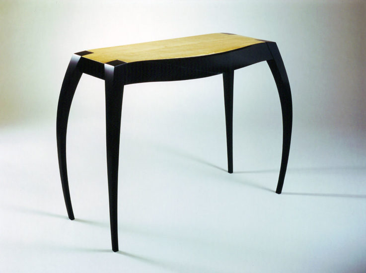 Custom modern hall and console table with black lacquer and curly maple